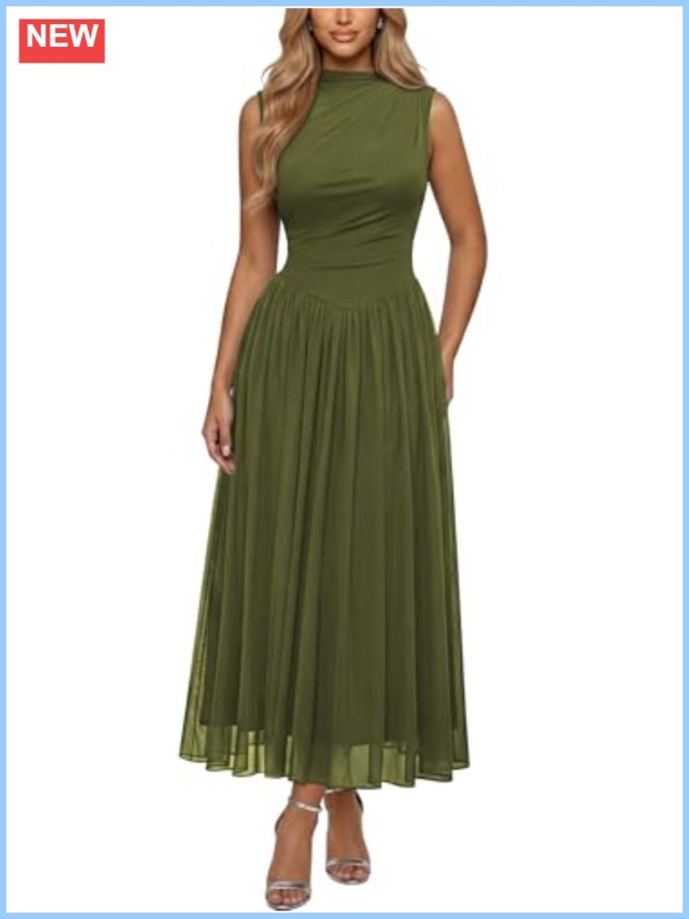 Women Mesh Sleeveless Mock Neck Ruched Waist Flowy A-Line Maxi Dress